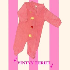 Vintage “Tutti Frutti” Pink Baby Onesie with Floral Embroidery, 18M